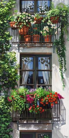 a painting of an apartment building with flowers in the window boxes and plants on the balconies