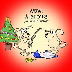 two cartoon dogs are standing next to a christmas tree and one is holding a bat