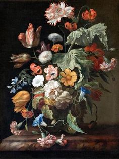 a painting of flowers in a vase on a table