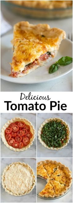 different types of pies are shown with the words delicious, tomato pie on top