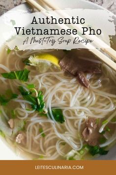 A steaming bowl of pho filled with rice noodles, thinly sliced beef, fresh herbs, and a wedge of lemon, served with chopsticks. Vietnamese Pho Soup Recipe, Broth Rice, Pho Soup Recipe, Bowl Of Pho, Japanese Noodle Dish, Pho Noodle Soup, Pho Broth, Pho Noodles