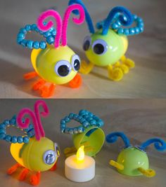 two pictures of the same toy in different positions, one with a candle on it