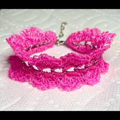 Handmade Pink Crochet Lace Bracelet By Fancy Knots. Has A Silver Center Chain, Lobster Clasp And Extender Chain. Made With Nylon Thread. New With Tags. Adjustable From 7” To 9”. Please Contact Me If You Have Any Questions. Want To See More Handmade Items From Fancy Knots? Visit Fancyknots.Com. Pink Adjustable Chain Bracelet For Party, Adjustable Pink Chain Bracelet For Party, Adjustable Pink Chain Bracelet, Pink Adjustable Choker With Chain, Pink Adjustable Chain Choker, Pink Choker With Adjustable Chain, Pink Adjustable Choker, Fancy Knots, Lace Bracelet