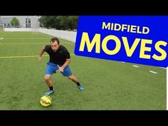 a man kicking a soccer ball on top of a green field with the words midfield moves