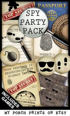 a bunch of different items that are on top of each other, with the words spy party pack