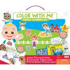 the color with me family coloring kit includes 2 markers, 3 stickers and an activity book