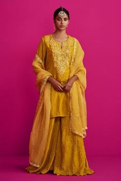 Shop for Pink City Yellow Crush Silk Embroidered Kurta And Sharara Set for Women Online at Aza Fashions Crushed Sharara, Kurta And Sharara Set, Kurta And Sharara, Yellow Kurta, Sharara Pants, Pink City, Sharara Set, Pattern Embroidery, Organza Dupatta