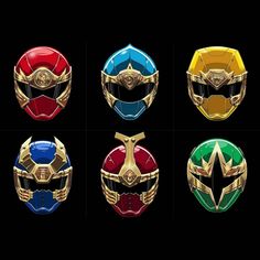 six different colored helmets are shown in the shape of starship, with gold and red accents