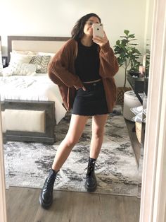 Dm Jadon Outfit, Dr Marten Dress Outfit, Black Skirt With Doc Martens, Skirt Outfits With Doc Martens, Skirts And Cardigans Outfit, Maxi Skirt And Doc Martens, Black Denim Skirt Outfit Fall, Jadon Dr Martens Outfit Summer, Fall Outfits With Black Skirt