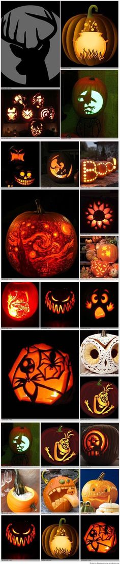 many different images of pumpkins in the dark