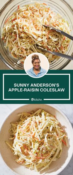 a bowl filled with coleslaw on top of a white counter next to a glass bowl