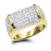 a yellow gold ring with white diamonds on the sides and two rows of small square cut stones