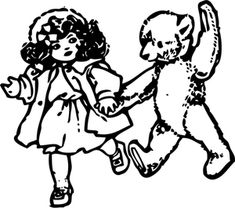 a black and white drawing of a girl holding a teddy bear's hand while another holds on to it