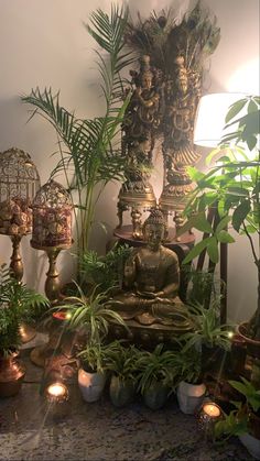 a buddha statue surrounded by potted plants and candles