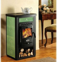 a wood burning stove in a living room