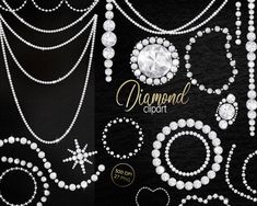 the diamond clipart logo is shown with pearls and diamonds on it's black background