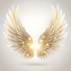 two white wings with gold sparkles against a light background