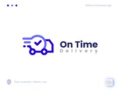 the logo for delivery company on time is shown in purple and blue colors, with an image of a car coming out of it