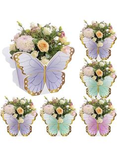 six butterflies with flowers in them on a white background