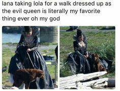 a woman sitting on top of a wooden bench next to a dog