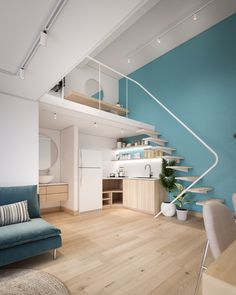 a living room filled with furniture and a spiral staircase