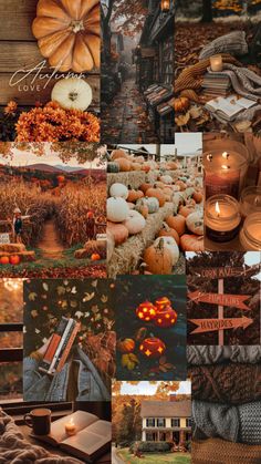 a collage of photos with pumpkins, candles and other things in them that are all over the place