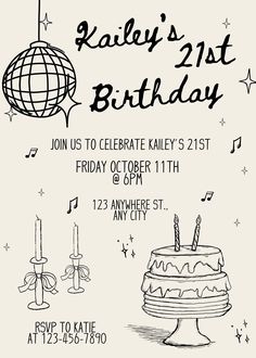 a birthday party flyer with a cake and candles