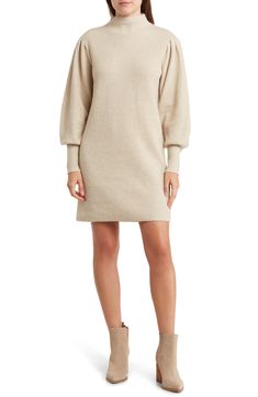 Get cozy in this heathered mock neck sweater-dress knit from supersoft wool-kissed yarns. 33 1/2" length   Mock neck   Long sleeves   Unlined   63% recycled polyester, 25% polyester, 10% wool, 2% spandex   Hand wash, dry flat   Imported   Model stats: 5'10" height, 32" bust, 25" waist, 36" hip. Model is wearing size Small. Casual Wool Sweater Dress, Beige High Neck Knit Sweater Dress, Wool Sweater Dress For Fall, Wool Turtleneck Sweater Dress For Fall, Turtleneck Wool Sweater Dress For Fall, Fall Wool Sweater Dress, Fall Wool Turtleneck Sweater Dress, Turtle Neck Sweater Dress, Mock Neck Sweater Dress