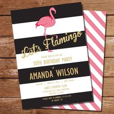 a pink flamingo birthday party card with black and white stripes, gold foil on the bottom