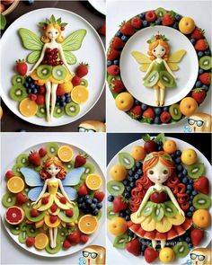 four different pictures of various fruits and vegetables in the shape of a fairy on a plate