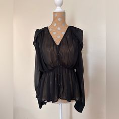 New With Tags, Size M. Fitted Black Blouse For Daywear, Black Button-up Top For Evening, Black Buttoned Top For Night Out, Black Top With Buttons For Night Out, Black Tops With Buttons For Night Out, Black Buttoned Party Blouse, Party Black Blouse With Buttons, Black V-neck Top For Daywear, Black Blouse With Button Closure For Night Out