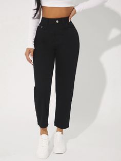 Black  Collar  Denim Plain Tapered/Carrot Embellished Non-Stretch  Women Clothing Jean Mom Noir, Black Mum Jean Outfits, Black Mom Jeans Outfit, Mom Jeans Black, Mom Fit Jeans, Mum Jeans, Jean Mom, Summer Items, Mom Jeans Outfit