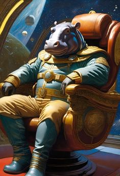 a painting of a man in a space suit sitting on a chair