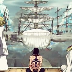 two anime characters sitting on the floor in front of a ship