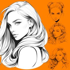 a drawing of a woman with long hair and various hairstyles on an orange background