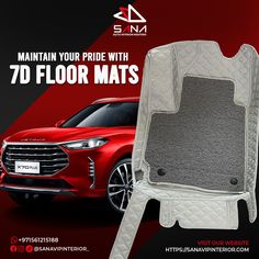 the front and back of a red car with an advertisement for floor mats on it