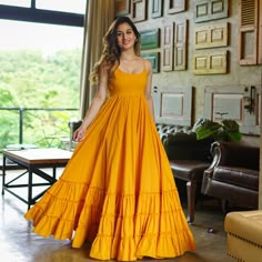 Gold Long Dress, Barcelona Trip, Haldi Outfits, Simple Frock Design, Simple Frocks, Lehenga Designs Simple, Anarkali Dress Pattern