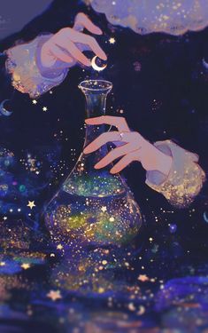 two hands reaching for a liquid in a flask filled with stars and moon dust