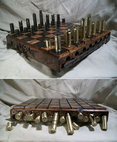 a wooden chess board with metal pieces on it and another photo of the back side