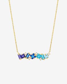 Suzanne Kalan Nadima Blue Ombre Milli Bar Pendant in 14k yellow gold Bar Pendant, Jewelry Tray, Swiss Blue Topaz, Baguette Cut, Blue Ombre, White Diamonds, Princess Cut, Diamond White, Blue Topaz