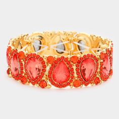 Slim Orange Crystal Pear and Rhinestone Stretch Bracelet on Gold  | Pageant Jewelry Pageant Jewelry, Pearl Charm Bracelet, Hook Bracelet, Go Pink, Orange Crystals, Wedding Belts, Rhinestone Trim, Toggle Bracelet, Pearl Charms