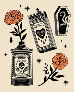 an image of a bottle with flowers and skull decorations on it's side, surrounded by stars