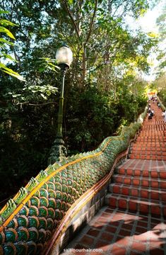 the walkway is lined with red bricks and green plants on both sides, along with a lamp post