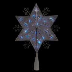 a lighted snowflake with blue lights on it's sides and an upside down design