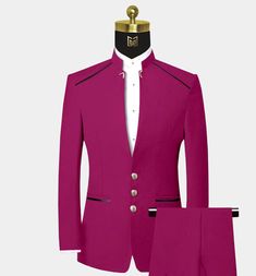 Want to try a different outfit on slightly bolder lines? Check out this exotic pink mandarin collar suit. The ensemble is sure to get you noticed for all the right reasons while upgrading your wardrobe to the next level with ease. Featuring beautiful gold embellishments on the collar and buttons. The pink mandarin collar jacket is styled in a chic manner with the fashionable black trim creating an interesting contrast. The fabric is smooth, yet durable, so you don’t have to worry about rips and Mandarin Collar Suit, Tuxedo Groomsmen, Male Neck, Guys Prom, Grooms Suits, Prom Outfits For Guys, Prom Attire, Suit Prom, Mandarin Collar Jacket