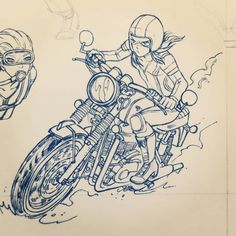 a drawing of a person on a motorcycle with helmet and goggles in the background