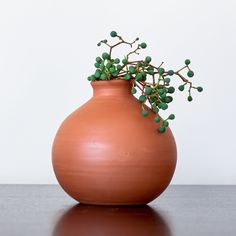 an orange vase with some green plants in it