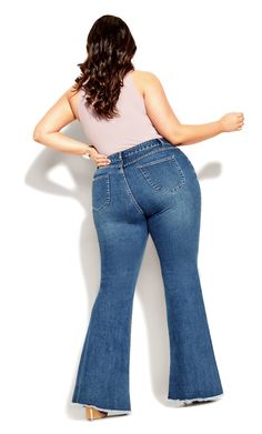 Step back in time to the classic 70s-inspired look with the Harley Classic Flare Jean. With a high rise waist and slim fit through the thigh, this trendsetting design is perfect for an hourglass body shape, providing a flattering, elongated silhouette. The single button and fly fastening and belt looped waistline provide timeless denim styling that never goes out of fashion, and functional 4 pocket styling offer ample storage. Crafted from a stretch cotton blend fabric with signature Chic Denim Flare Jeans Outfit, Hourglass Body Shape, Fashion Promotion, Denim Chic, Jean Trends, Plus Size Jeans, Chic Woman, City Chic, Denim Wash