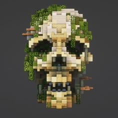 an image of a pixellated skull made out of plants and rocks on a black background