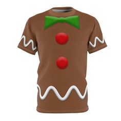 a brown shirt with a green bow tie and a gingerbread man's face